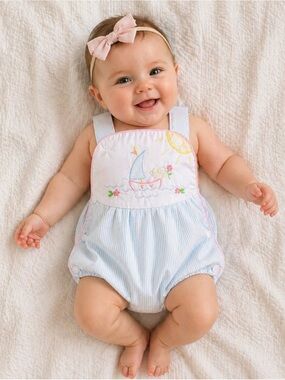 Sugar Babies Seersucker Bubble Romper 6M Baby Girl Sailboat Embroidered